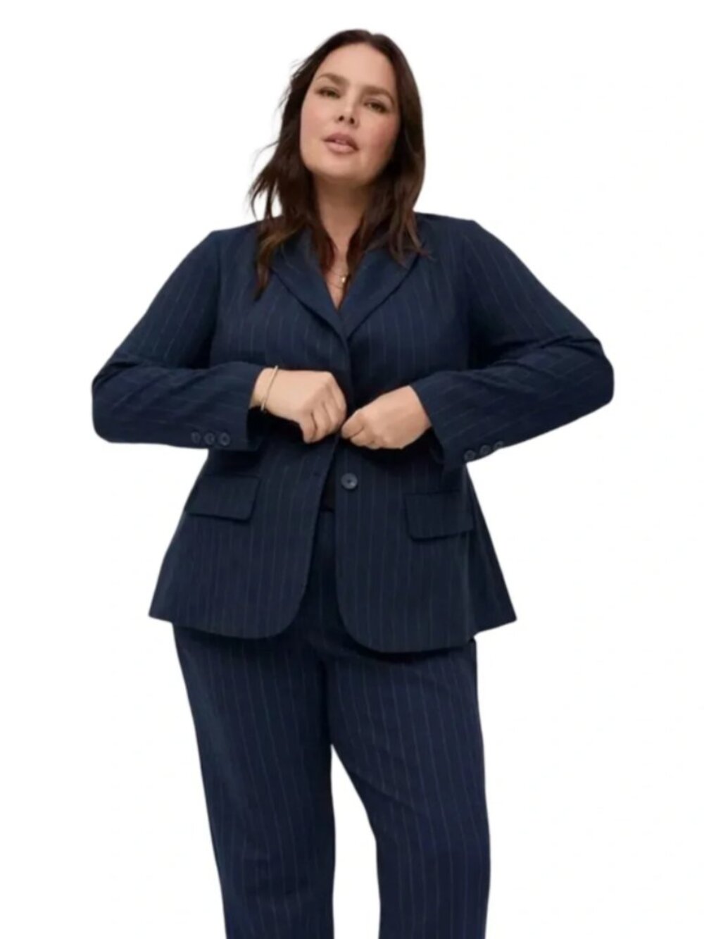 Torrid New Navy w/ White Pinstripe Studio Women's Suit Blazer Size 0/12 - Picture 11 of 15